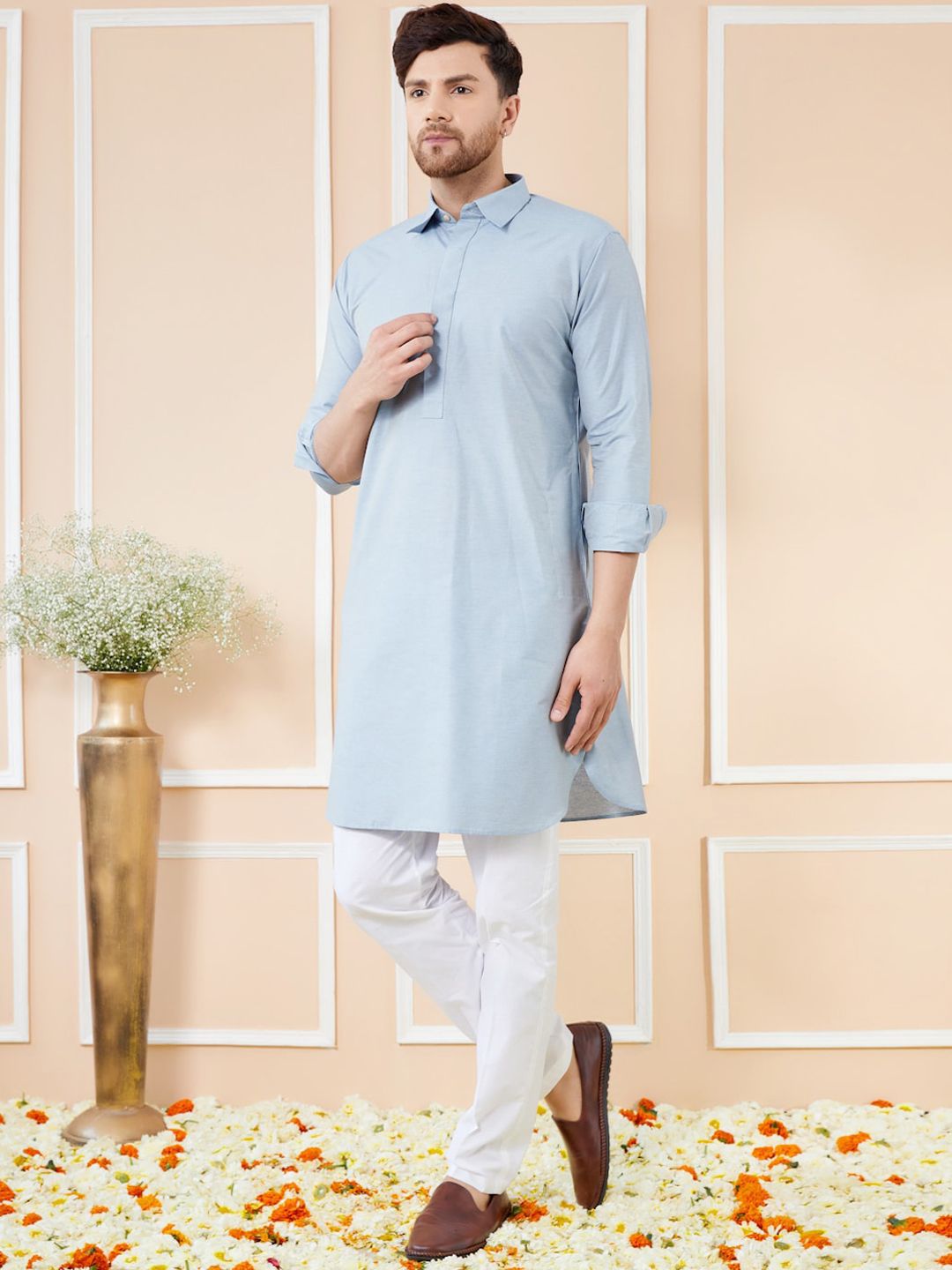 See Designs Shirt Collar Long Sleeves Cotton Pathani Kurta