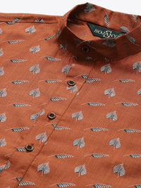 SOJANYA Men Rust Orange & White Leaf Printed Pure Cotton Kurta