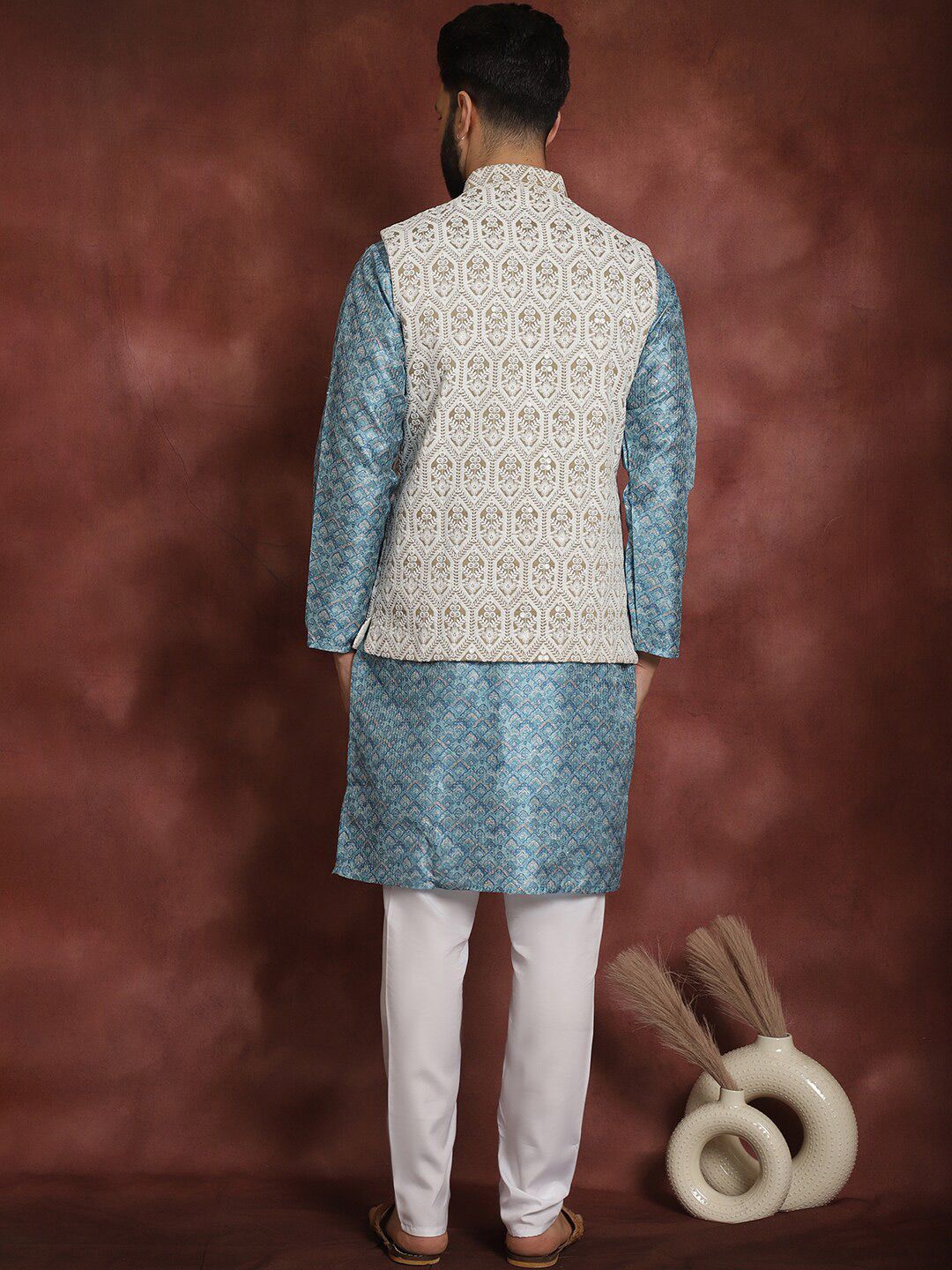 Anouk Blue Striped Mandarin Collar Thread Work Straight Kurta With Churidar