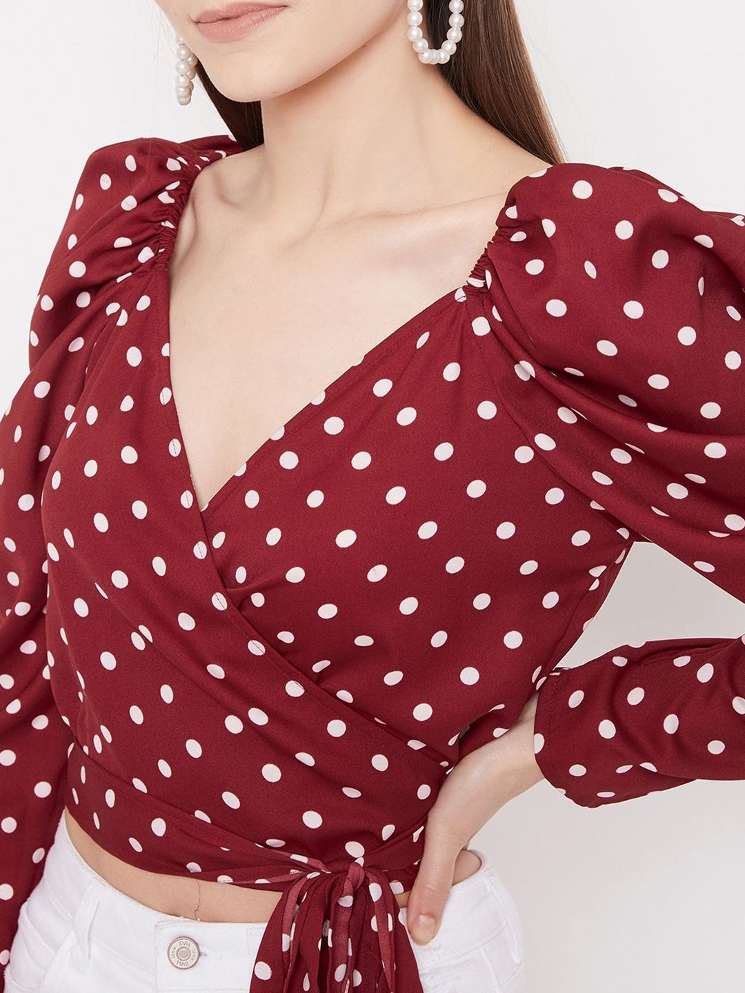 Berrylush Polka Dot Print Puff Sleeve Wrap Crop Top