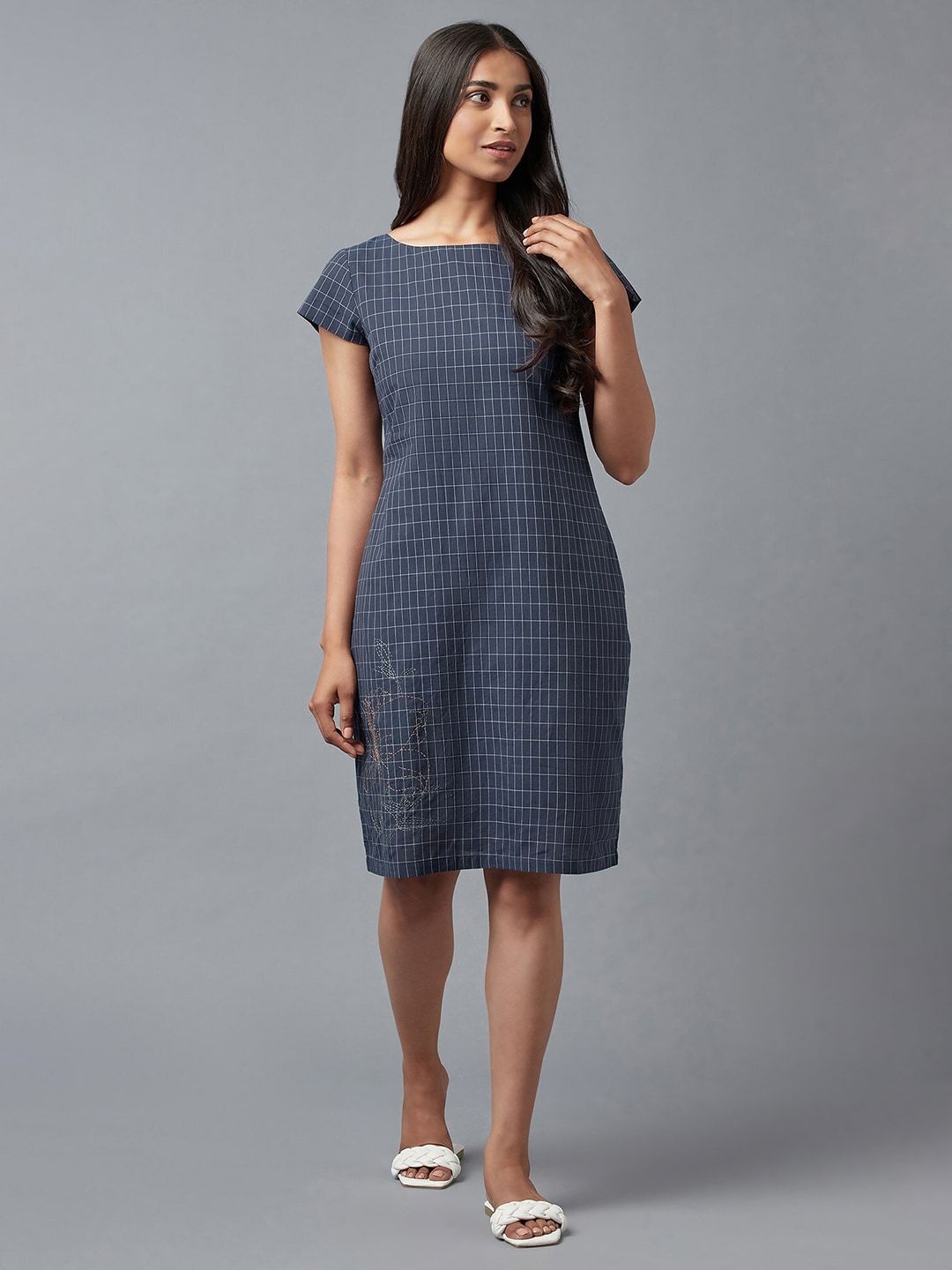 W Blue Checked Pure Cotton Sheath Dress
