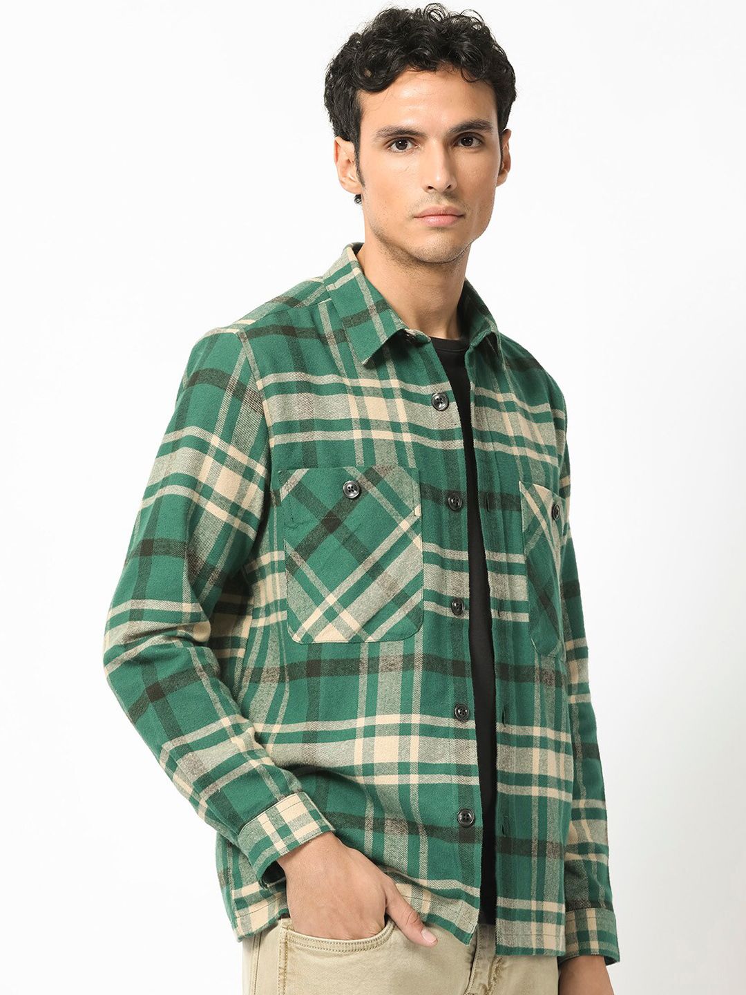 RARE RABBIT Men Nero Geometric Checked Longline Tailored Shacket