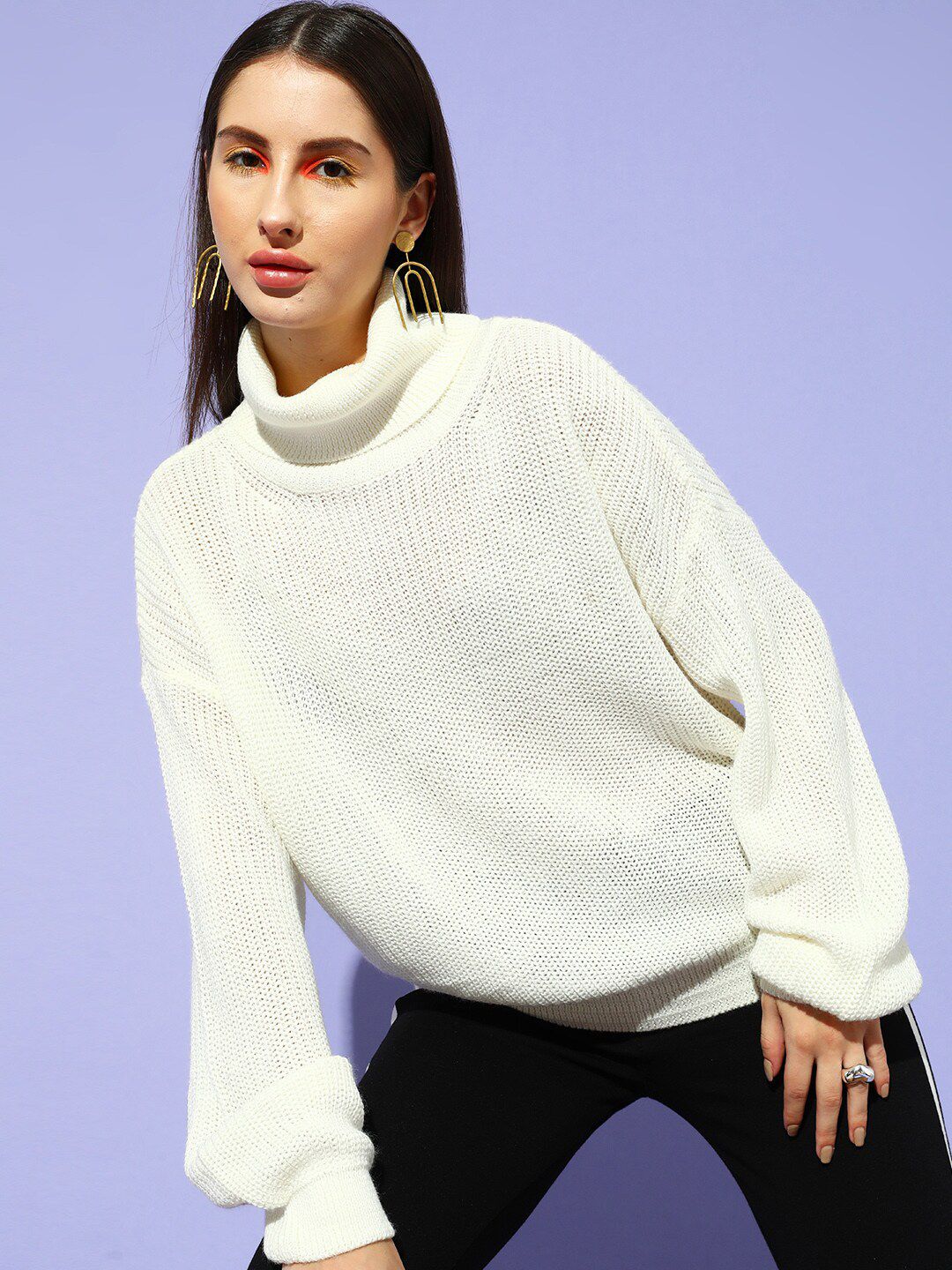 STREET 9 Women White Solid Turtle Neck Longline Pullover