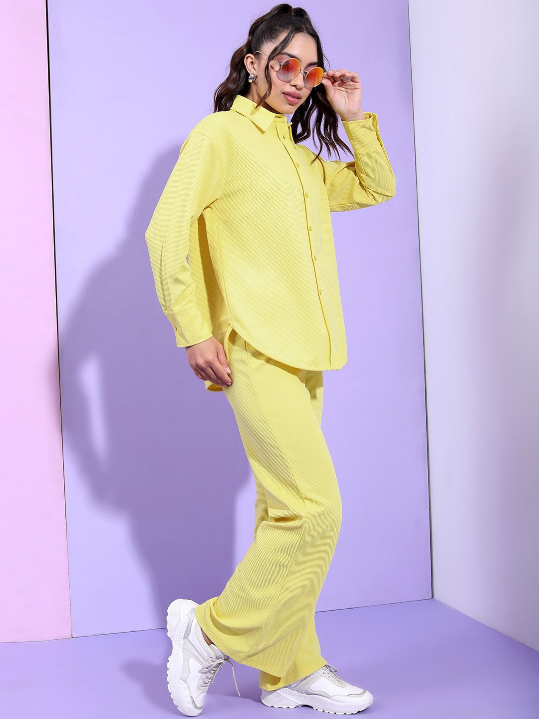 Tokyo Talkies Yellow Self Design Shirt With Trousers