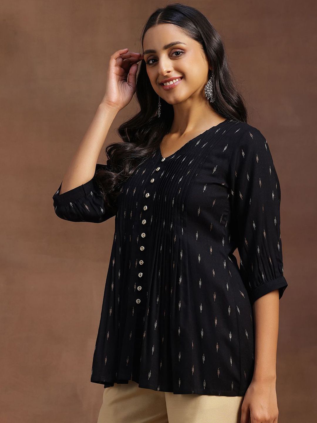 Libas Woven Design V-Neck Panelled Kurti