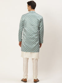 SOJANYA Men Off White Solid Kurta with Churidar & Ethnic Jacket