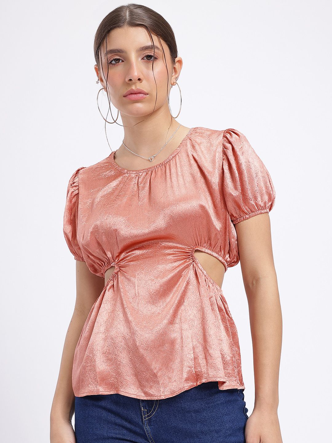DressBerry Cut Out Detail Puff Sleeve Satin Top