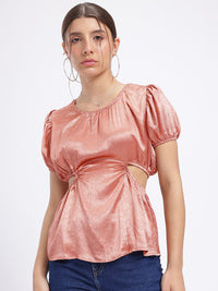 DressBerry Cut Out Detail Puff Sleeve Satin Top