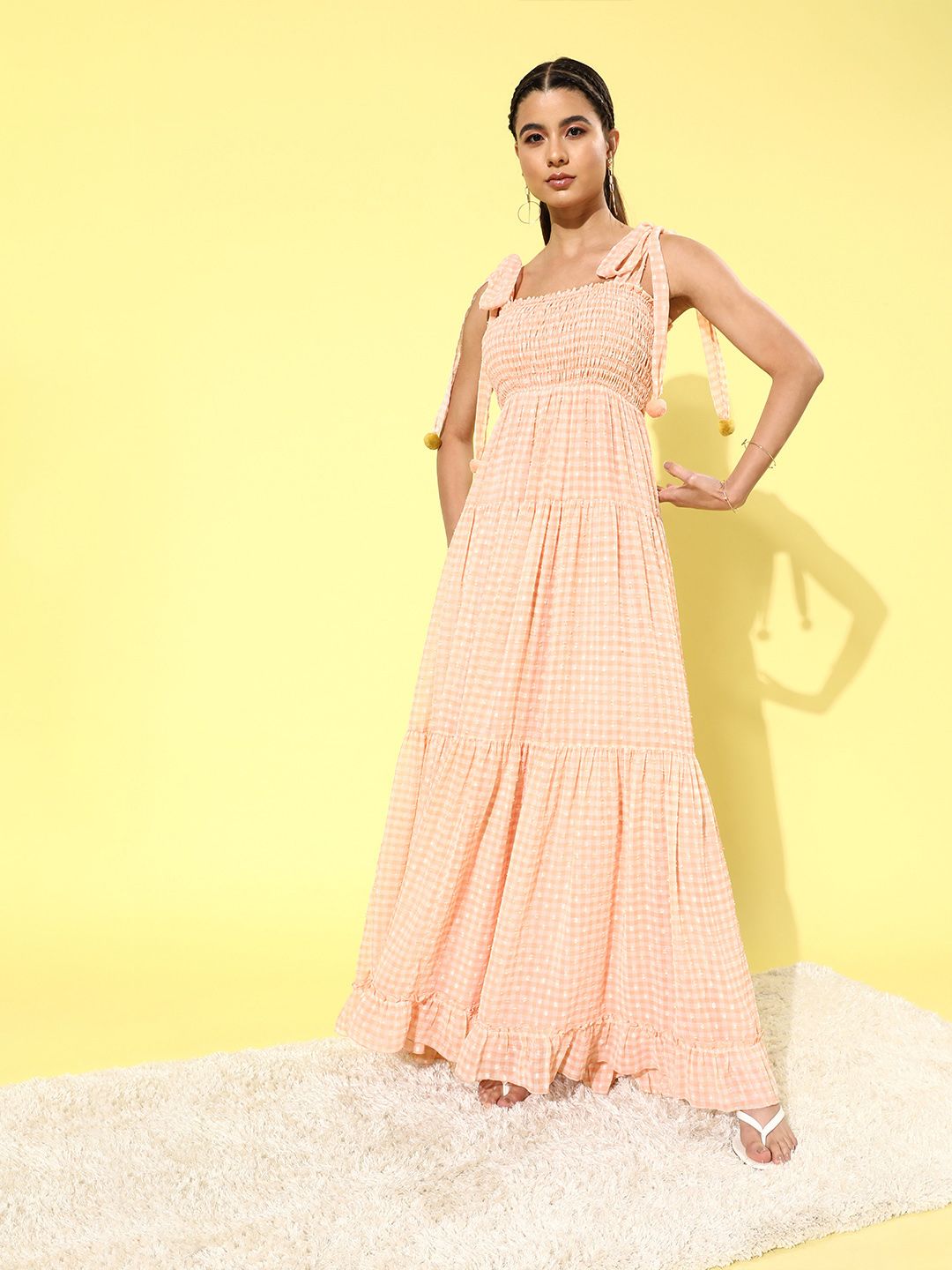 QUIERO Women Classic Peach Checked Summer Gingham Dress