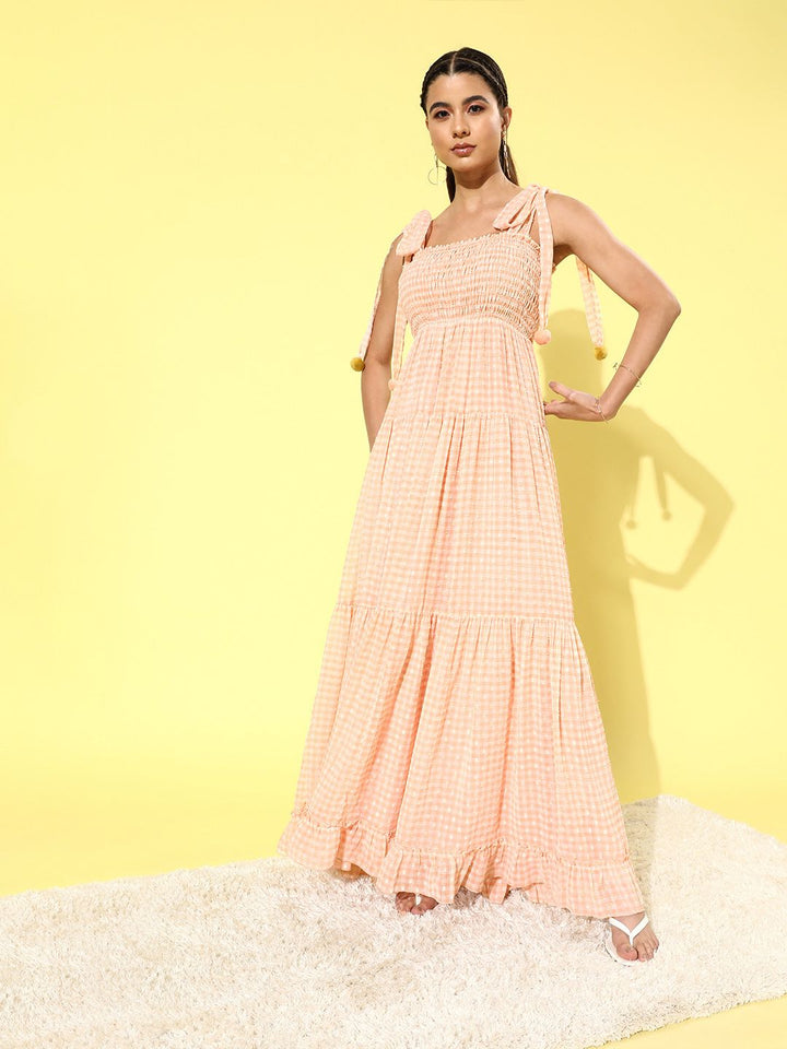 QUIERO Women Classic Peach Checked Summer Gingham Dress