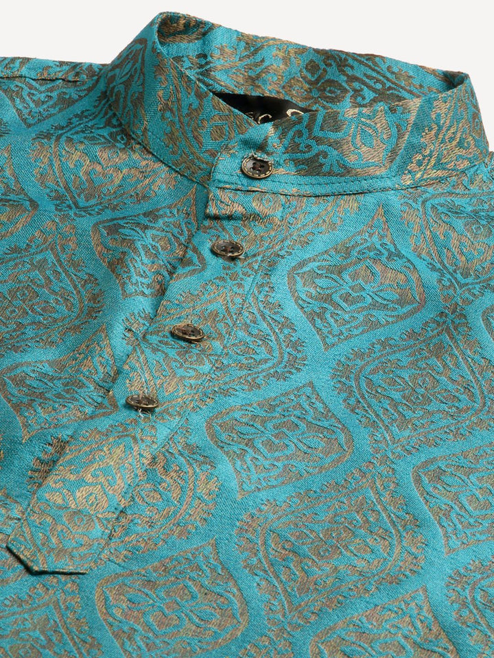 SOJANYA Kurta Motif Etnik Biru Teal & Beige Lelaki dengan Jaket Churidar & Nehru