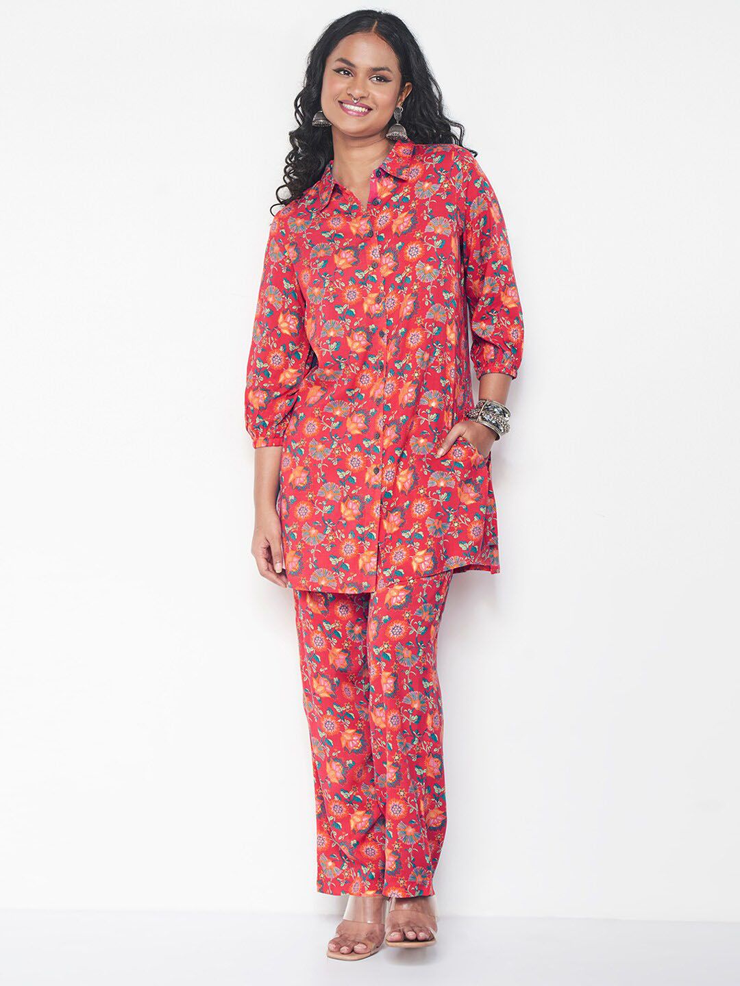 Global Desi Collar Neck Shirt & Mid -Rise Trouser Co-Ords