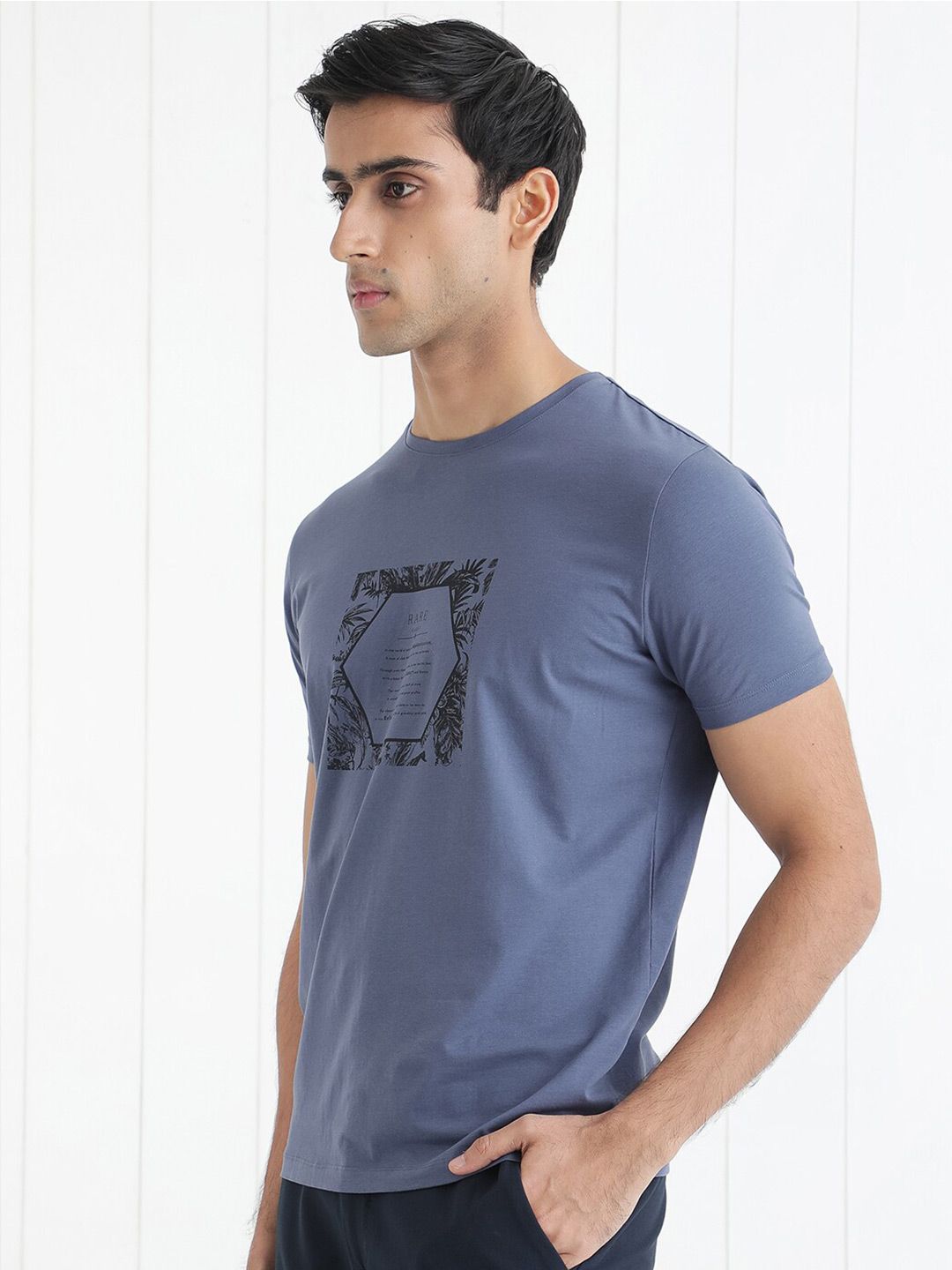 RARE RABBIT Men Creswen Round Neck Graphic Printed Slim Fit Cotton T-Shirt