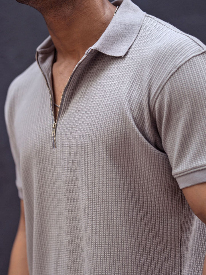 Powerlook Men Self Design Zip Closure T-shirt