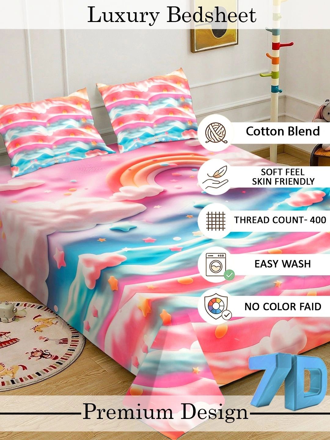 Pink Cartoon Printed Flat 7D 400 TC King Size Superfine Bedsheet With 2 Pillow Cover