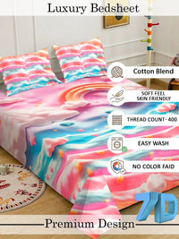 Pink Cartoon Printed Flat 7D 400 TC King Size Superfine Bedsheet With 2 Pillow Cover