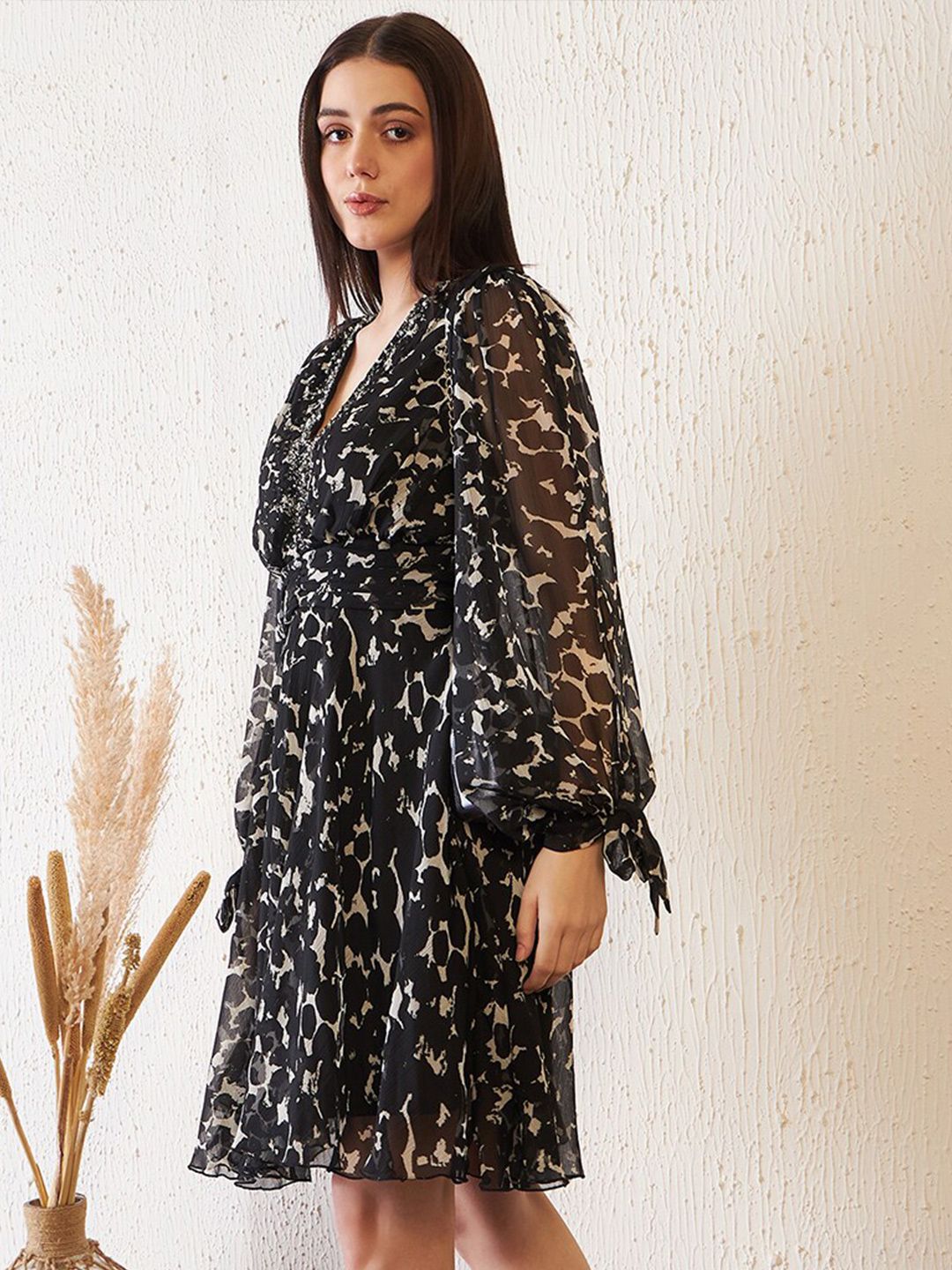 Antheaa Black Abstract Printed Slit Sleeves Embellished Empire Dress