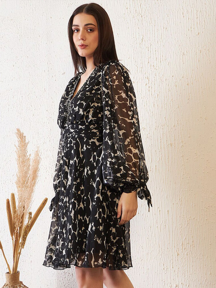 Antheaa Black Abstract Printed Slit Sleeves Embellished Empire Dress
