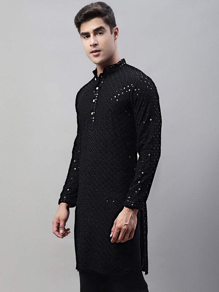 Jompers Floral Embroidered Mandarin Collar Sequinned Pure Cotton Kurta