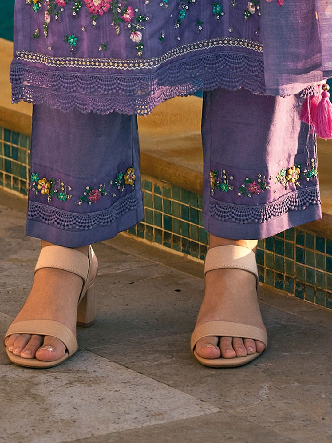 Indo Era Floral Embroidered Regular Thread Work Pure Cotton Kurta With Trousers & Dupatta