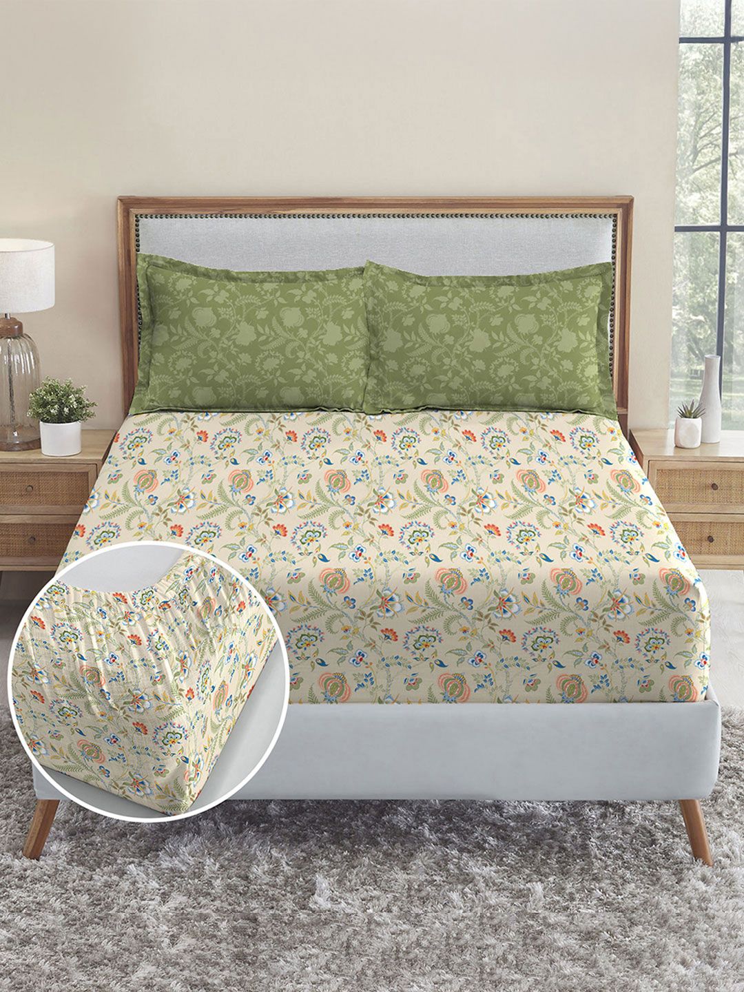 MYTRIDENT English Chintz 210TC King 100% Cotton 1 Fitted Sheet with 2 Pillow Covers