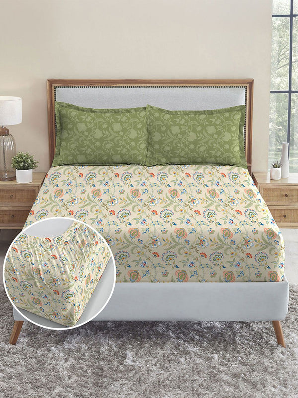 MYTRIDENT English Chintz 210TC King 100% Cotton 1 Fitted Sheet with 2 Pillow Covers