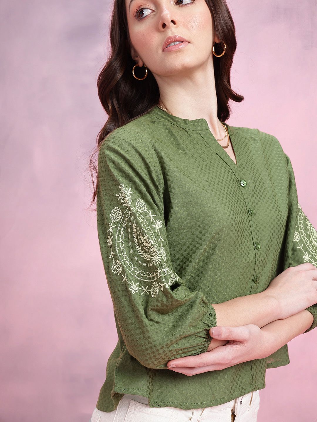 DressBerry Mandarin Collar Puff Sleeve Embroidered Cotton Top