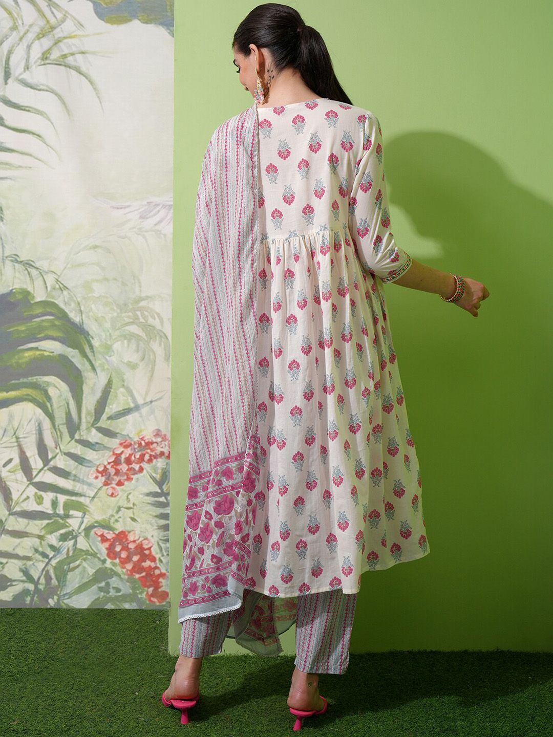 Vishudh White Printed Thread Work Pure Cotton A-Line Kurta with Trousers & With Dupatta