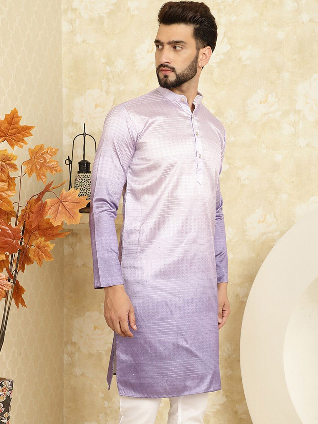 SOJANYA Band Collar Thread Work Ombre Jacquard Kurta