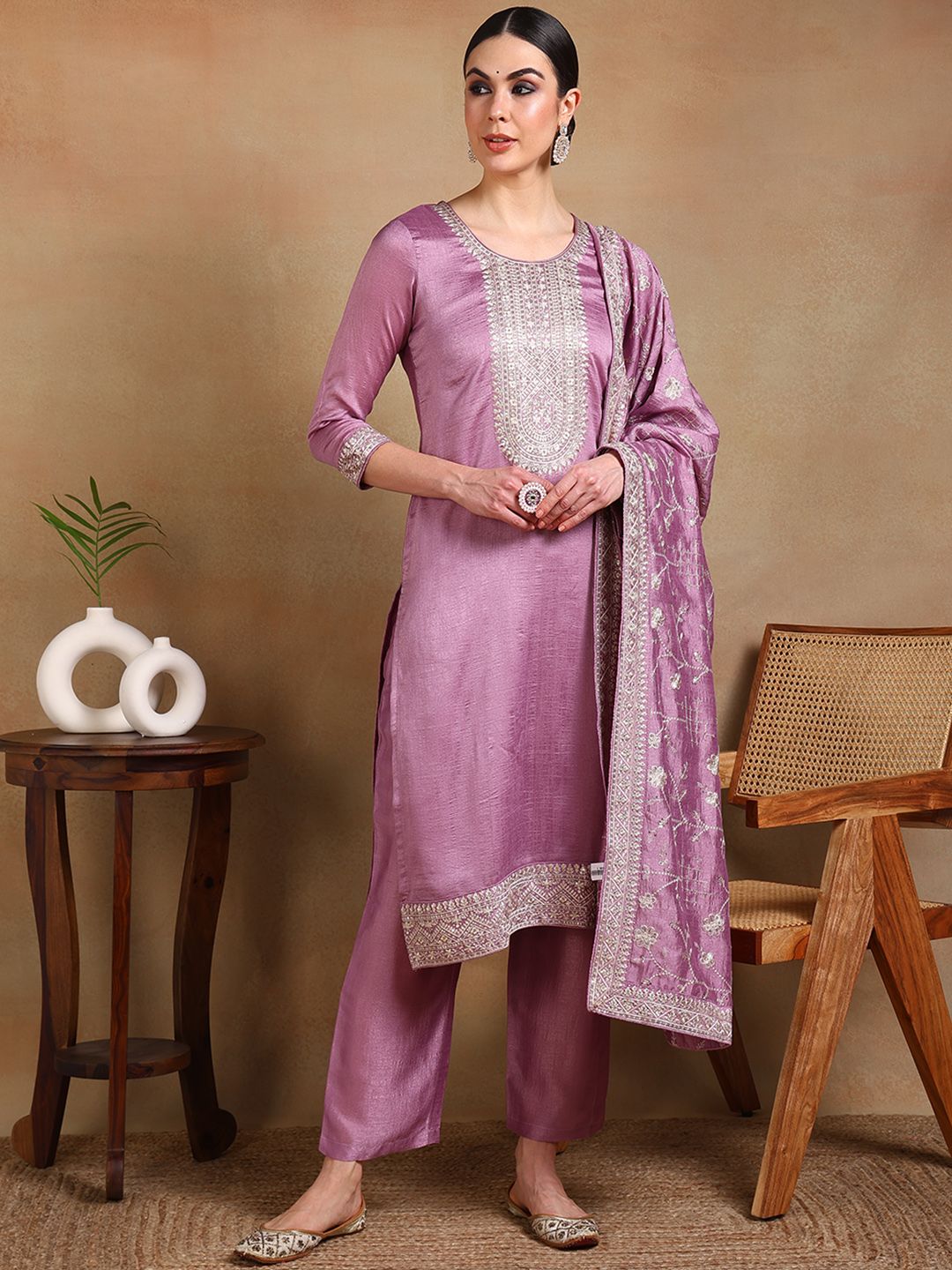 KALINI Floral Embroidered Sequinned Straight Kurta & Trousers With Dupatta