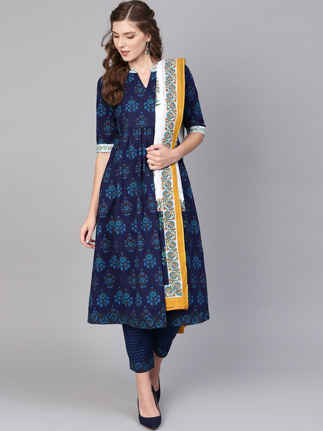 Libas Women Blue & Green Block Print Kurta with Trousers & Dupatta
