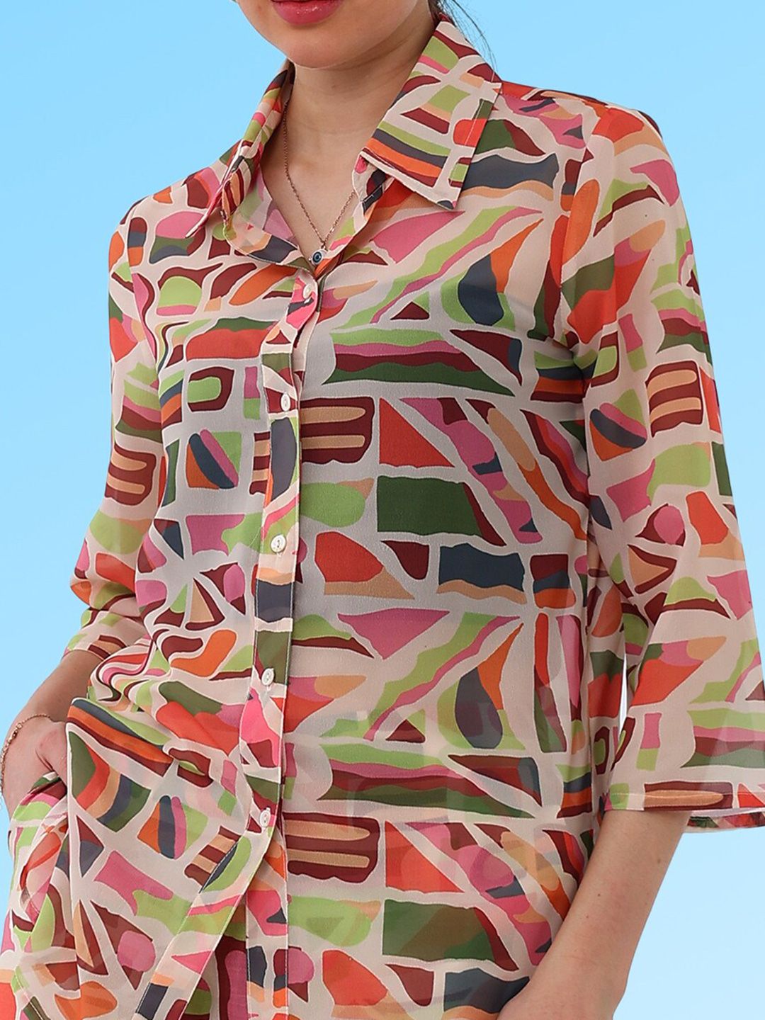 Athena Abstract Printed Georgette Shirt Style Top