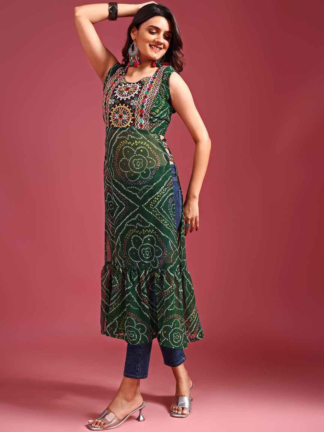 KALINI Bandhani Printed Regular Georgette A-Line Kurta