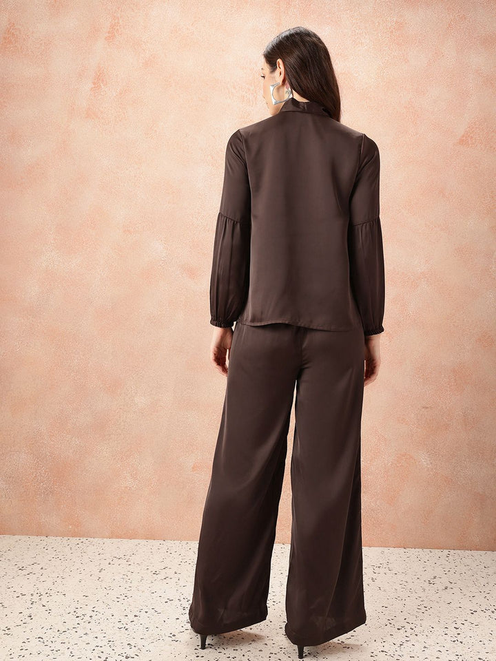 all about you Tie-Up Neck Satin-Finish Top with Wide Leg Trousers
