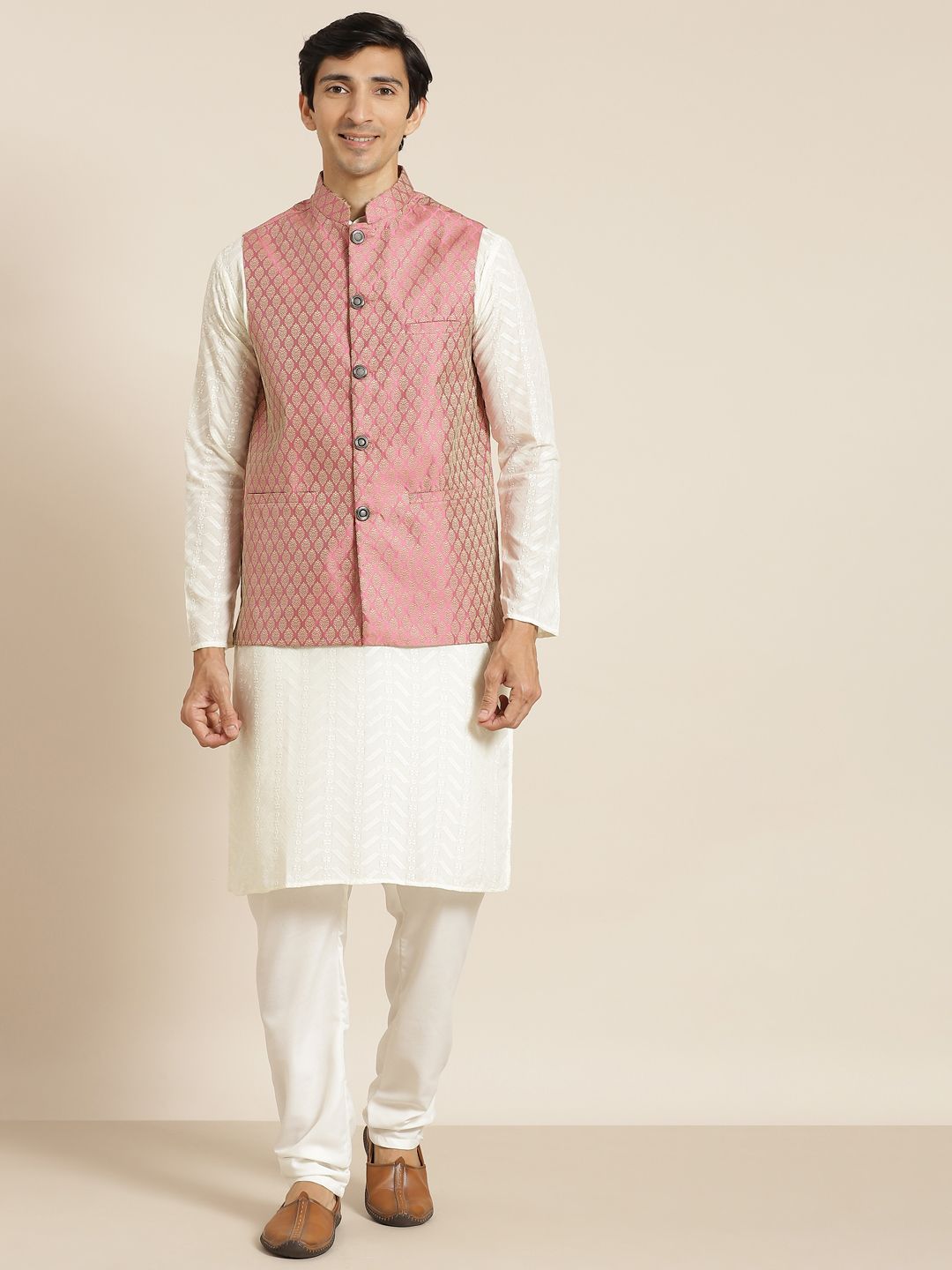 SOJANYA Men Cream-Coloured Chikankari Pure Cotton Kurta with Churidar & Nehru Jacket
