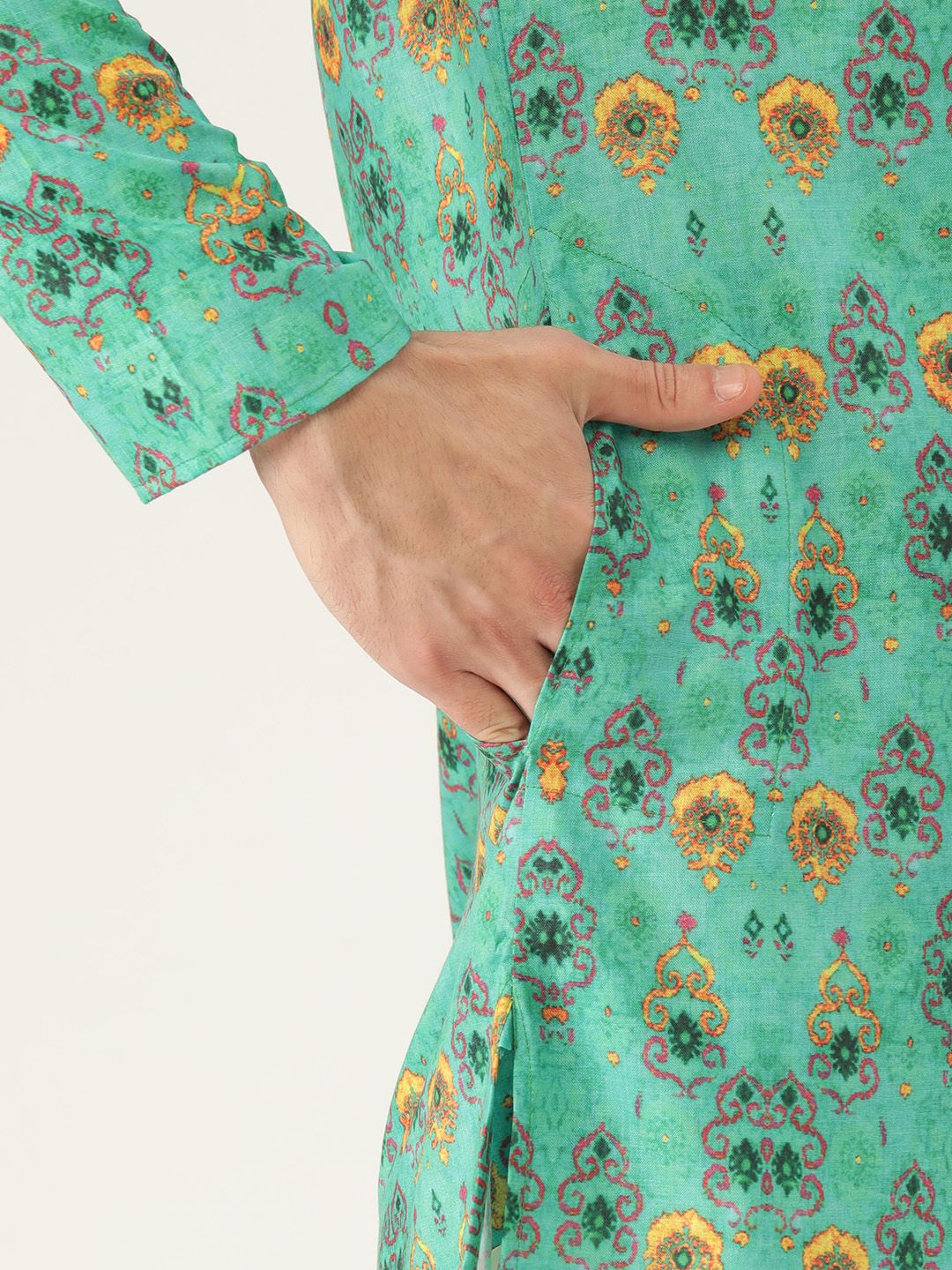 SOJANYA Men Green & Mustard Yellow Ethnic Motif Print Straight Kurta