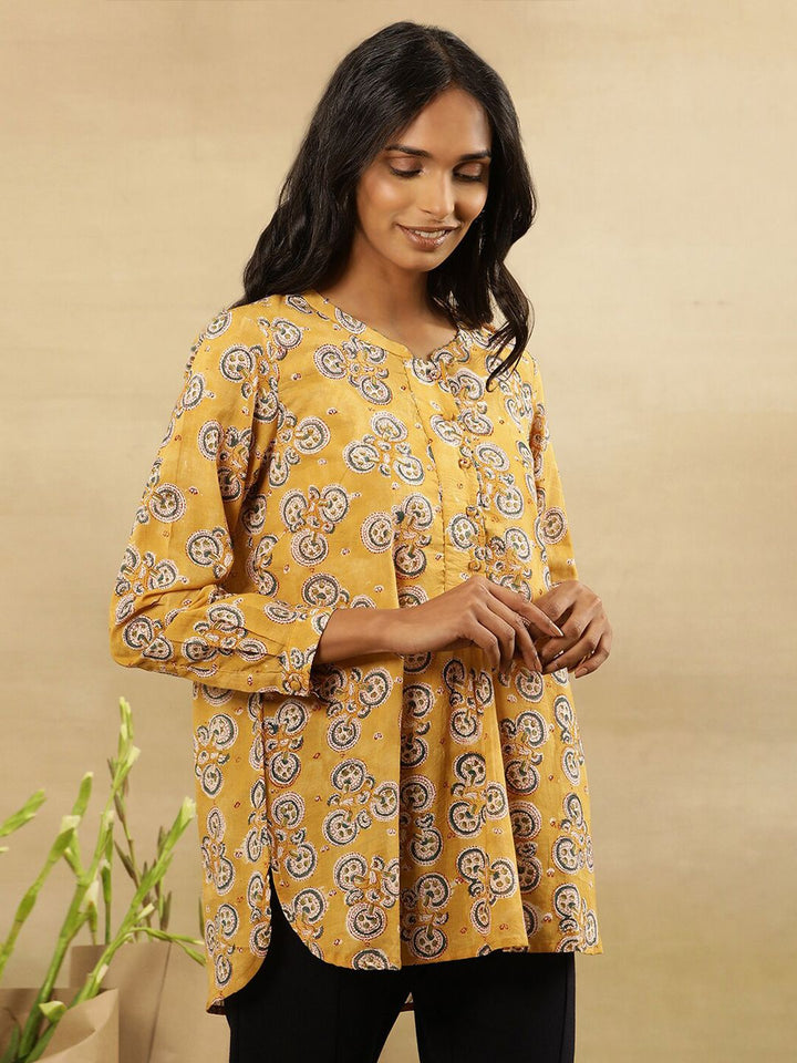 Folk Song  Mandarin Collar Printed Long Sleeves Cotton Top