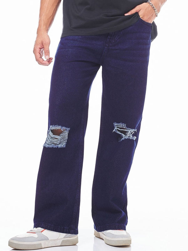 Bewakoof Men's Indigo Blue Baggy Distressed Mid-Rise Jeans