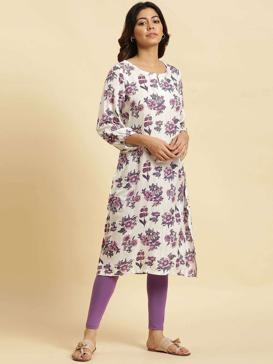 W Floral Printed Keyhole Neck Flared Sleeves Sequinned Straight Kurta