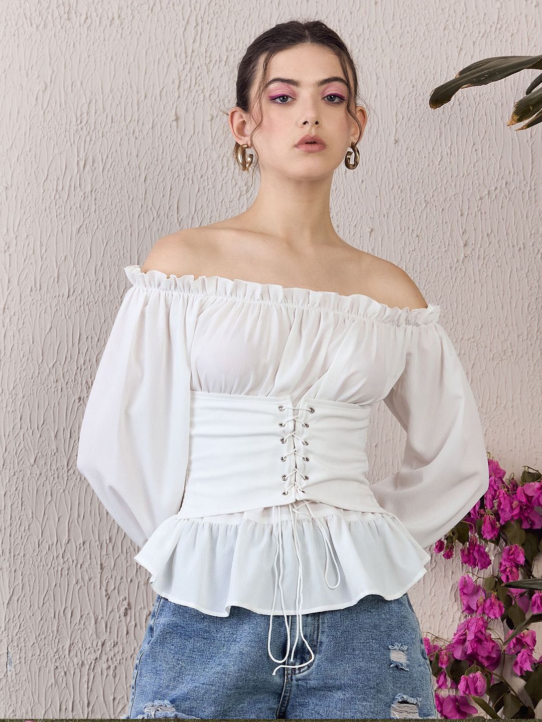 Berrylush Off-Shoulder Tie Ups Detail Bardot Top