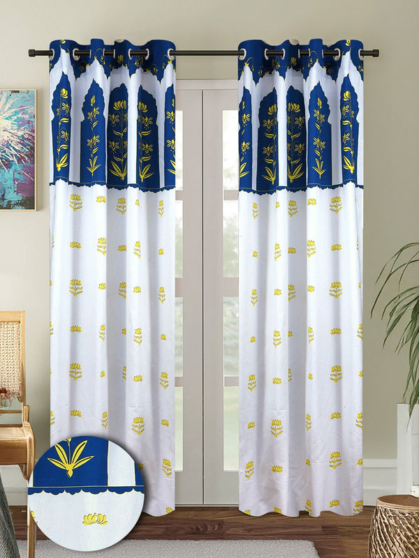 Cortina White & Blue 2 Pieces Ethnic Motifs Printed Cotton Door Curtain