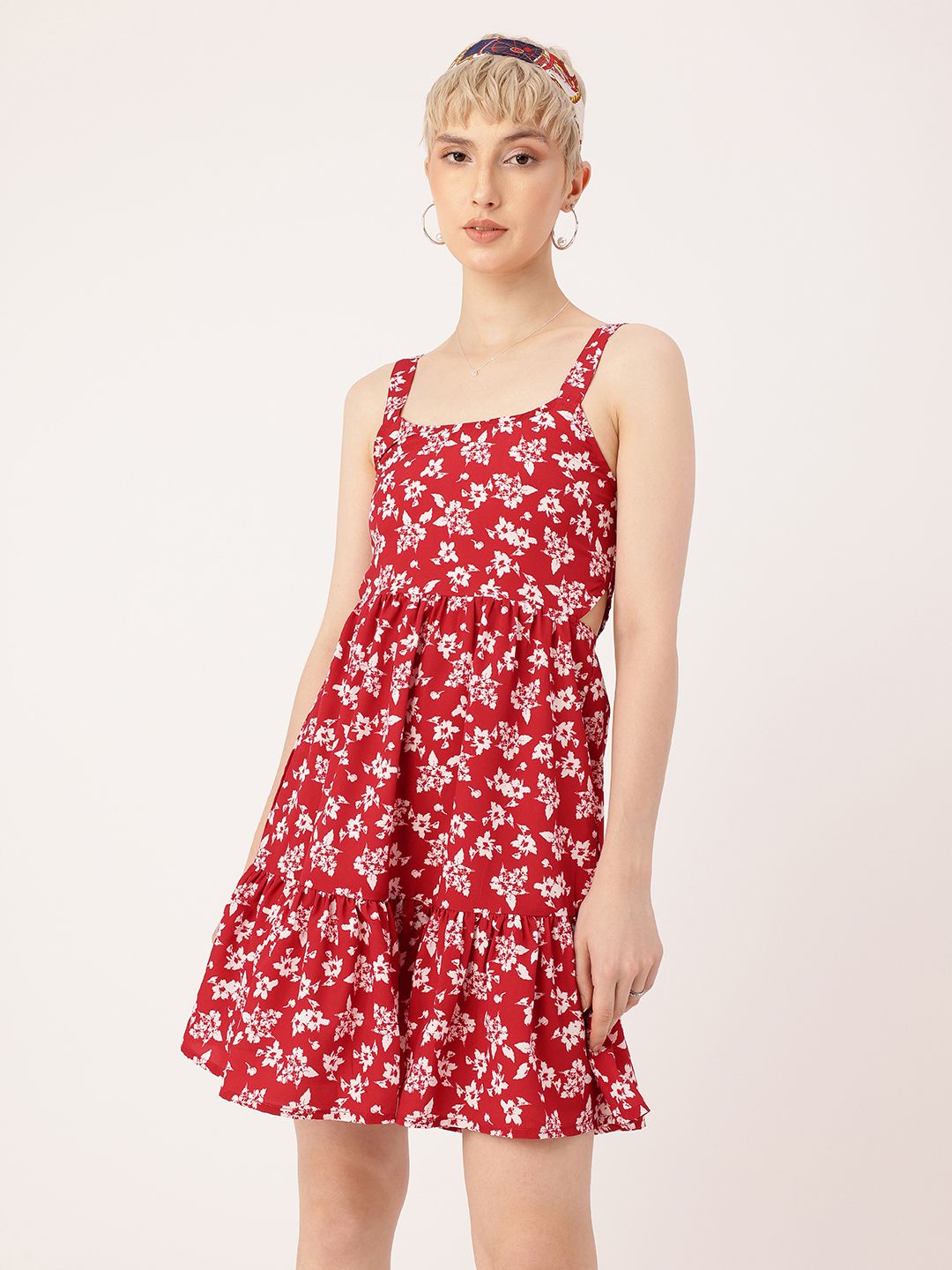 DressBerry Classy Chic Floral Printed Cut-Outs Smocked A-Line Mini Dress