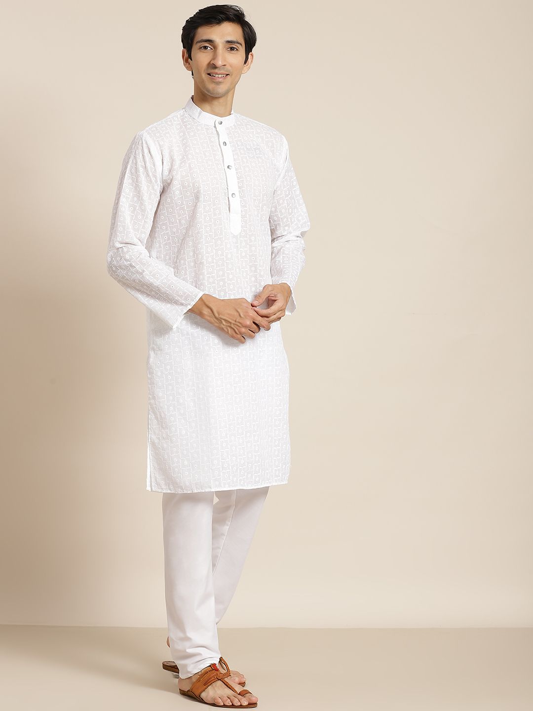 SOJANYA Men White Chikankari Pure Cotton Kurta with Churidar & Nehru Jacket