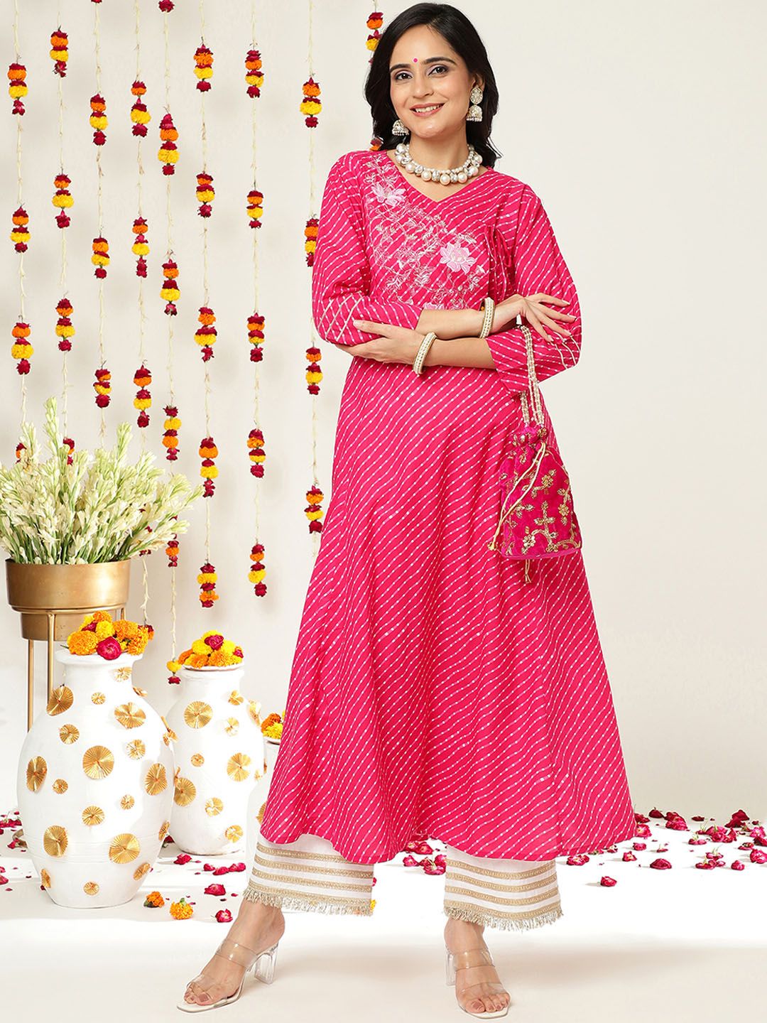 Varanga Women Pink & White Leheriya Printed Angrakha Kurta With Embroidery