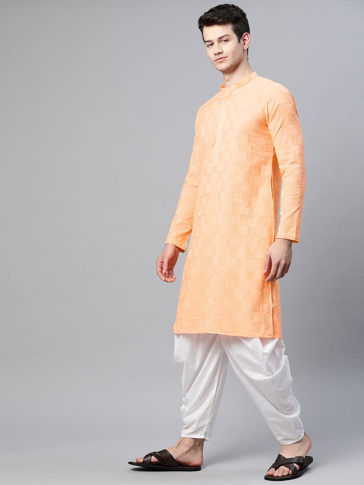 See Designs Men Peach-Coloured Ethnic Motifs Chikankari Embroidered Straight Kurta