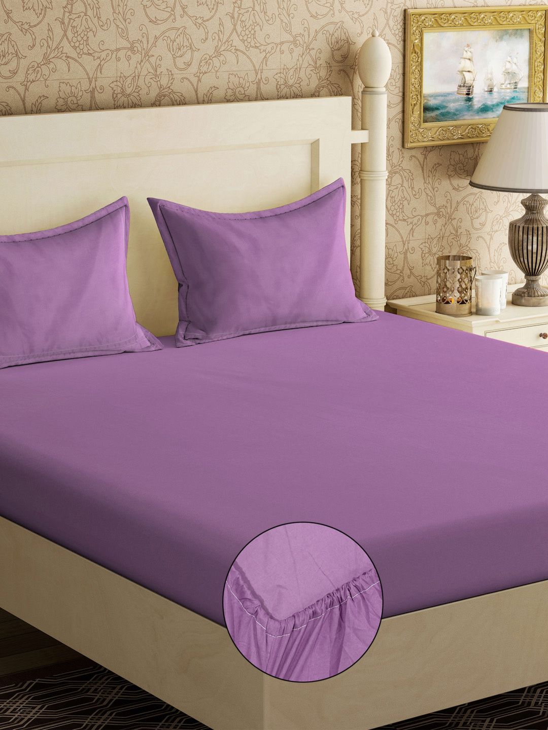 Myntra Elegant Homes Purple Solid 300 TC Fitted King Fine Bedsheet with 2 Pillow Covers