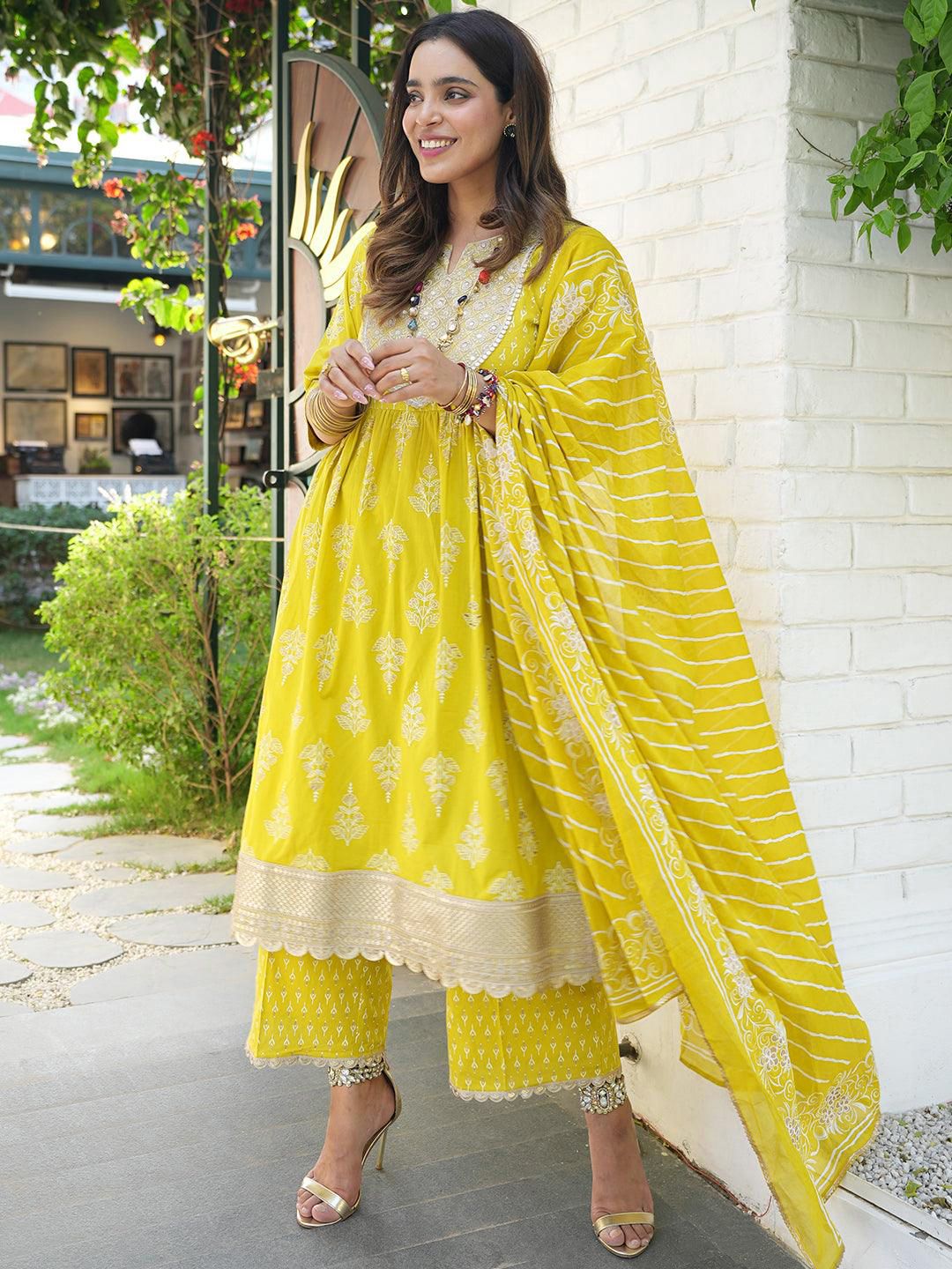 Libas Women Floral Yoke Design High Slit Pure Cotton Kurta with Palazzos & With Dupatta