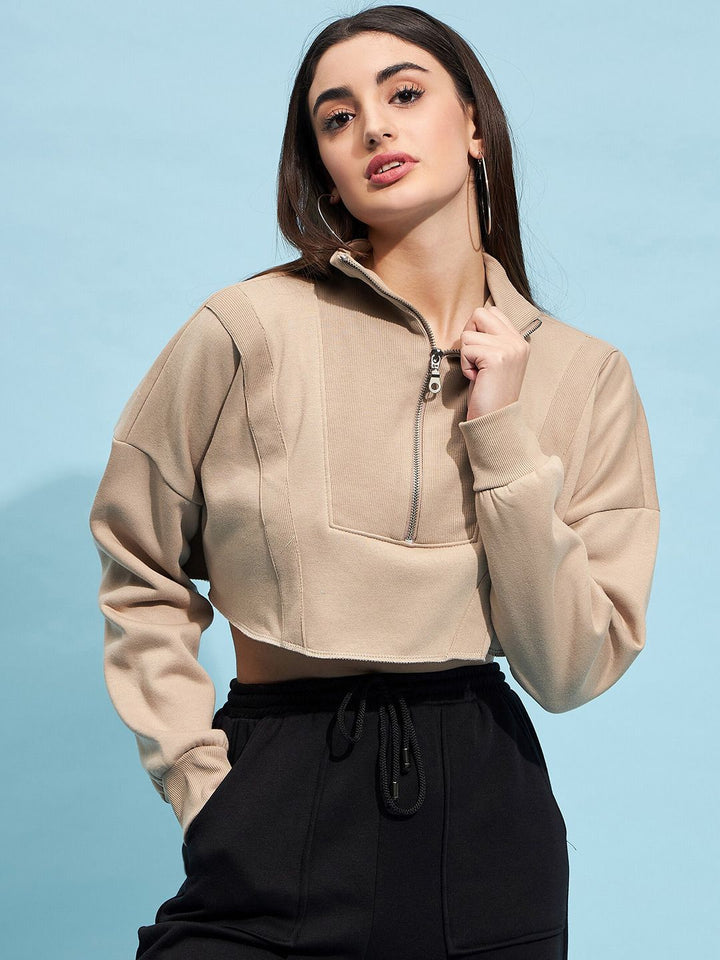 STREET 9 Beige Mock Collar Crop Pure Cotton Sweatshirt