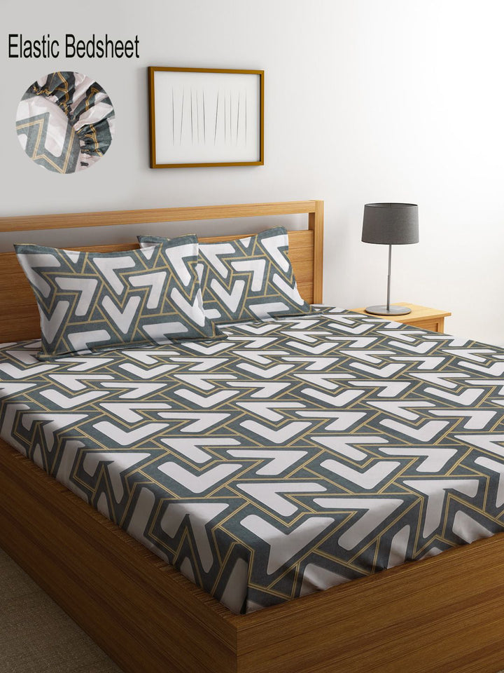 Myntra Elegant Homes White Geometric Printed Set Cadar King 300 TC 2.50 m x 2.25 m
