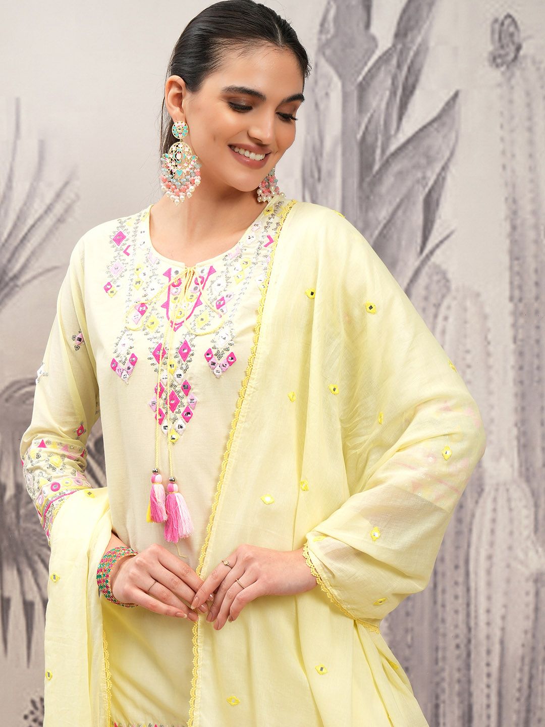 Vishudh Yellow Tie-Up Neck Ethnic Motifs Printed Pure Cotton Straight Kurti Set